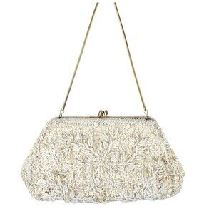 Vintage Hand Cocktail Evening Bag Small Ivory Beaded Sequin Gold Chain Kiss Lock